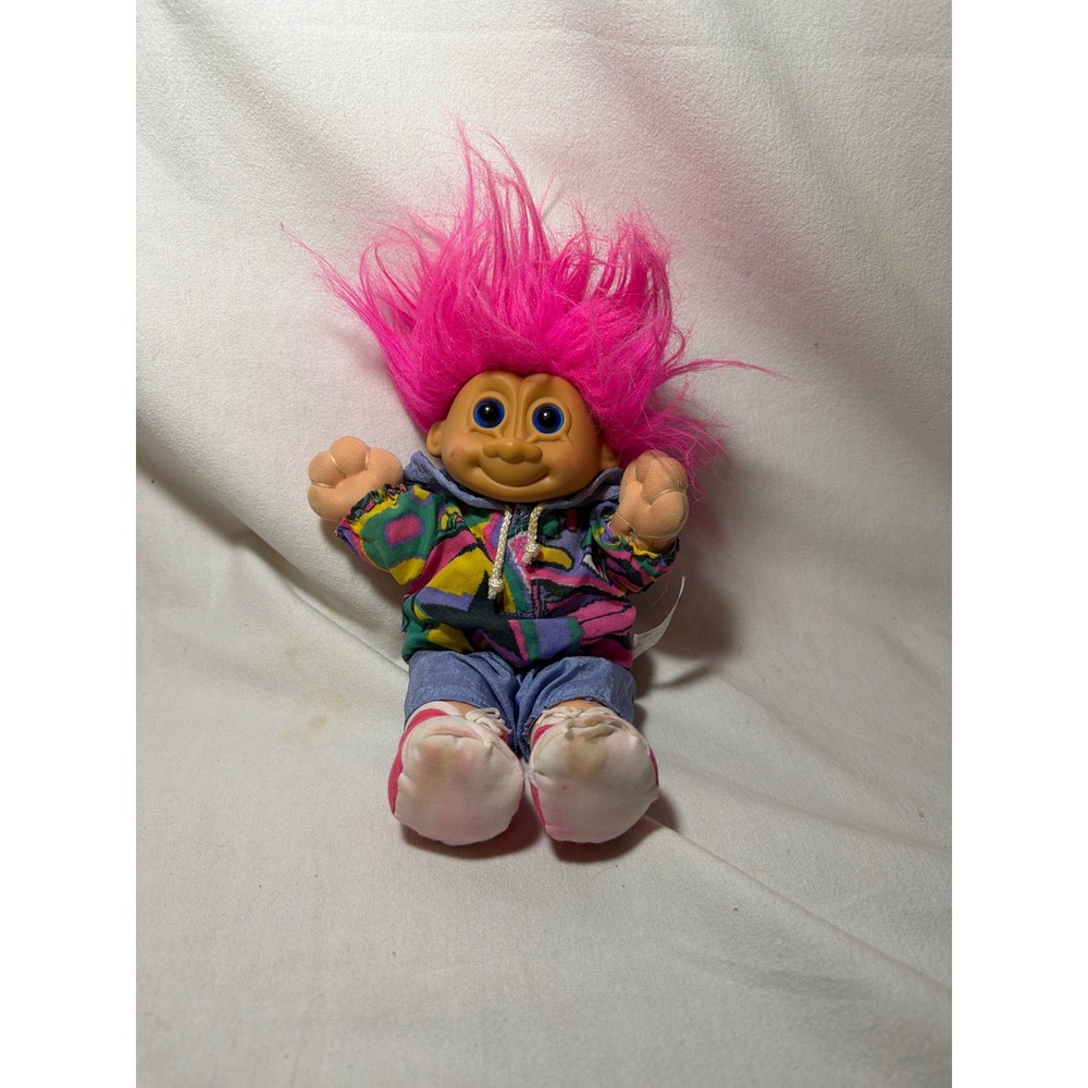 Vintage 1992 Russ Berrie Plush Troll Doll Neon Pink Hair Geometric Hoodie 2404